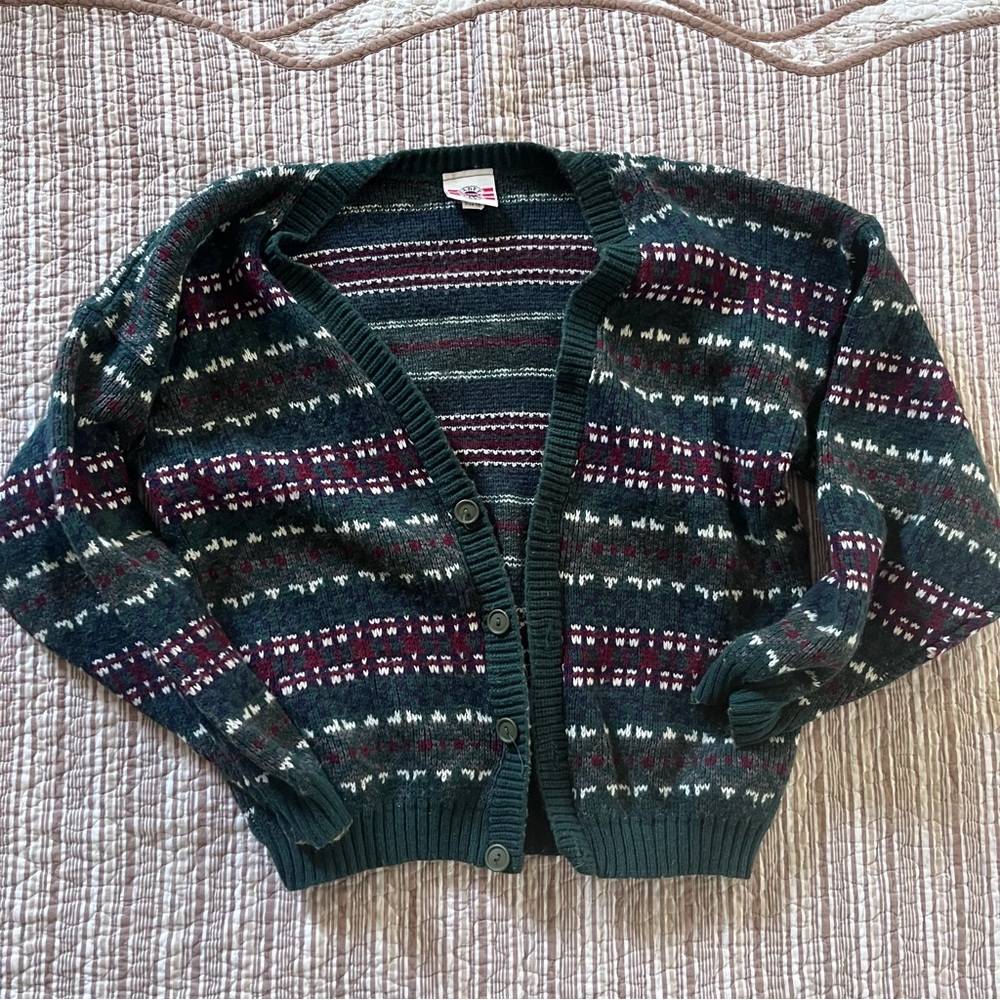 Dark Green Patterned Button-Front Women’s Sweater… - image 1